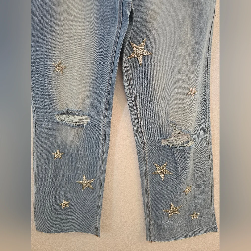 Why Dress NWT Embroidered Embellished Star Light Blue Denim Wide Leg Jeans Large - Picture 6 of 10
